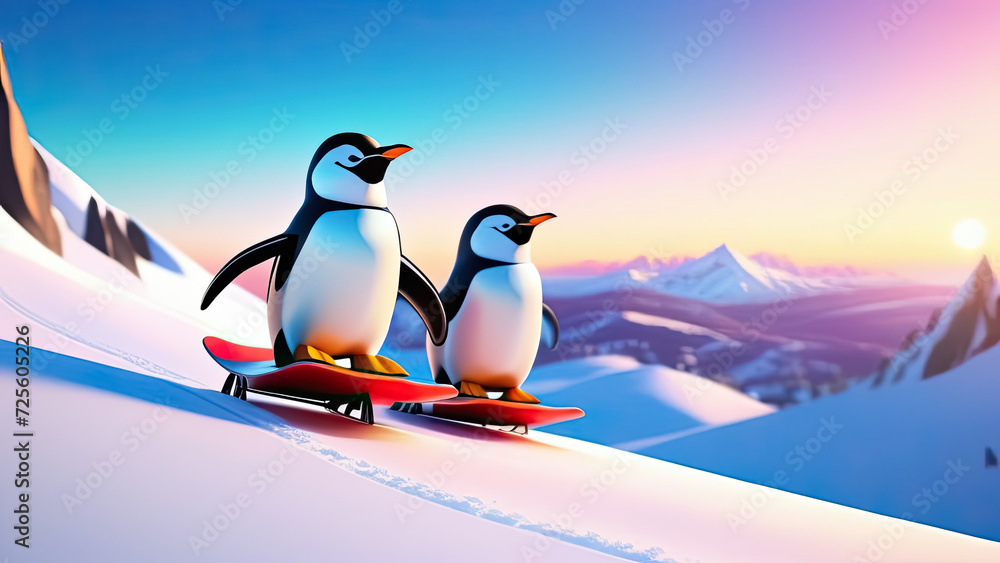 Obraz premium Penguins on snowboard in the mountains. Generative AI