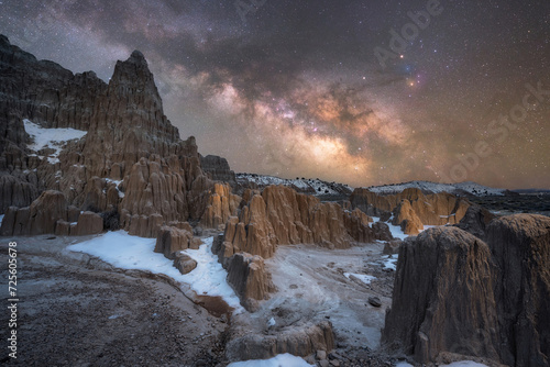 Milky Way Galaxy over hoodoo rock formations in Cathedral Gorge State Park  photo