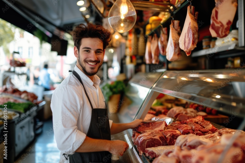 young man butcher standing in meat counter young man butcher standing in meat counter