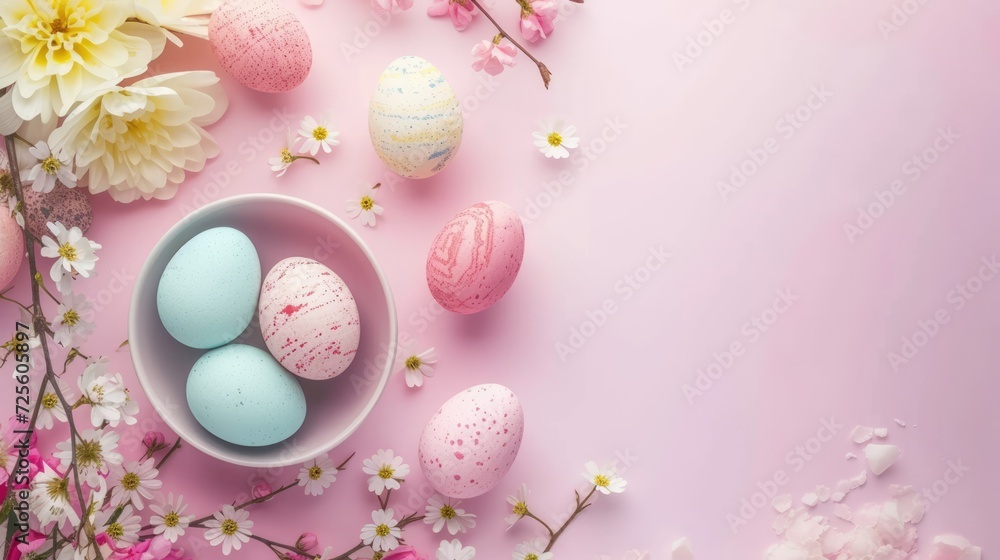happy easter flatlay concept background with eggs in pink