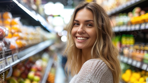 beautiful woman in supermarket looking in camera