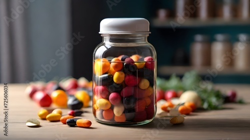 Colorful candies in glass jar on wooden table against blurred background
