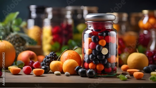 Assortment of fruits and berries in glass jar on wooden table.