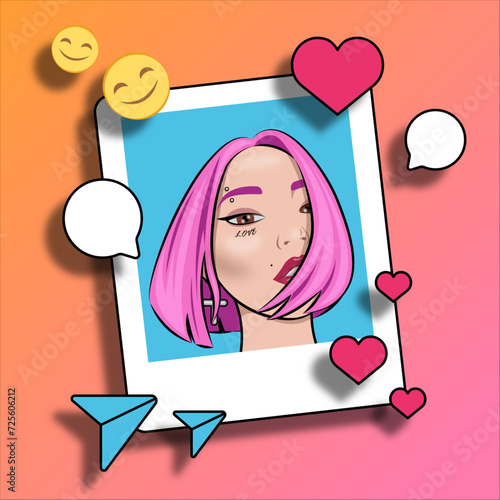 Social media girl vector illustration. Social media marketing concept illustration. Like, share and comments on app. Popular blogger woman. Girl with pink hair, tattoo and piercing.