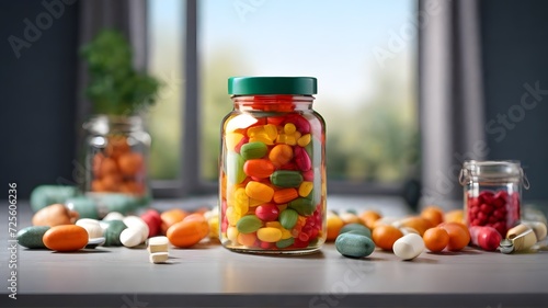 Colorful candies in glass jar on table in room
