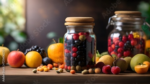 Healthy fruits and berries in a glass jar on a wooden table