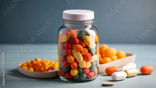 Colorful candies in glass jar on table indoors