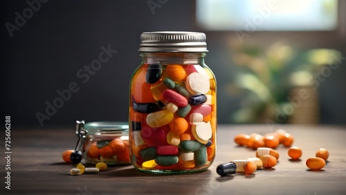 Colorful pills in glass jar on wooden table, space for text
