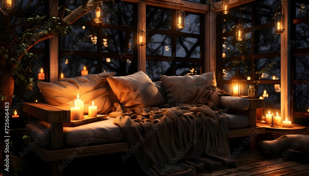 Interior of a cozy room with a wooden bed, candles and cushions