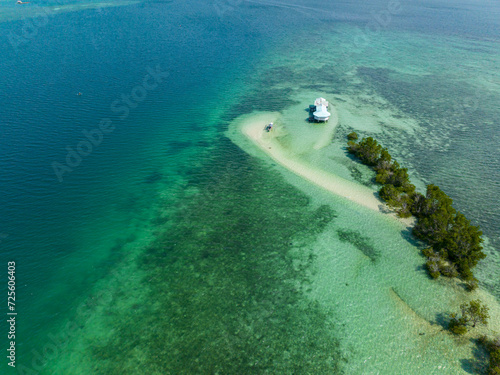 Transparent turquoise water and sandbar. Mangroves and waves. Vanishing Island. Samal, Davao. Philippines. View fromm above. photo