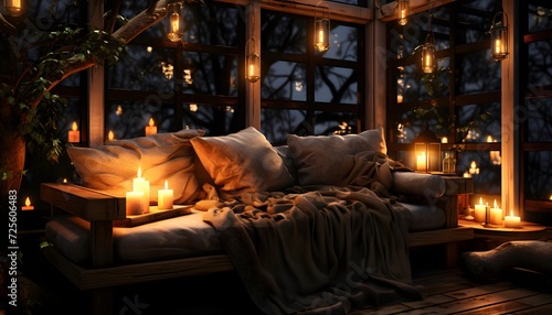Interior of a cozy room with a wooden bed  candles and cushions
