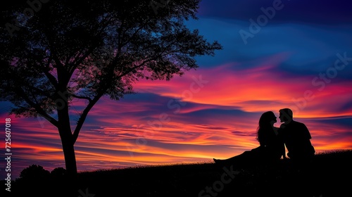 Silhouette of a loving couple under the tree during sunset.