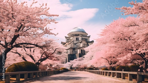 Cherry blossoming season in Japan. Blooming sakura trees near to Atomic Bomb Dome