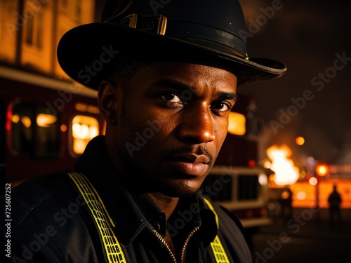 A close-up portrait of an African-American firefighter in uniform and helmet against the background of a fire in the evening.