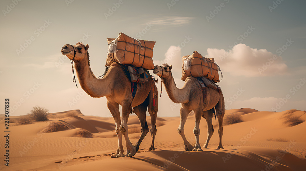 camel caravan in the sahara desert, Arabian camel isolated on white background, Closeup side view of isolated couple two one-humped dromedary camels on desert sand dune edge, Generative Ai - obrazy, fototapety, plakaty 