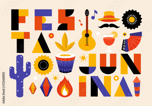Festa junina poster with geometric pattern. Summer brazilian carnival banner with icons of music, lanterns, flowers, hats and flags. Geometric banner of june festival in Brazil, vector illustration