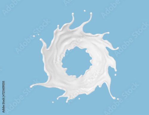 Milk splash isolated on blue background. Natural dairy product, yogurt or cream splash with flying drops. Realistic Vector illustration