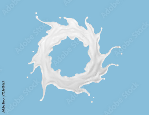 Milk splash isolated on blue background. Natural dairy product, yogurt or cream splash with flying drops. Realistic Vector illustration