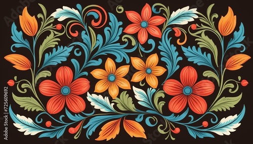 Illustration of a Hand-Drawn Vintage Floral Ornament in Folk Style