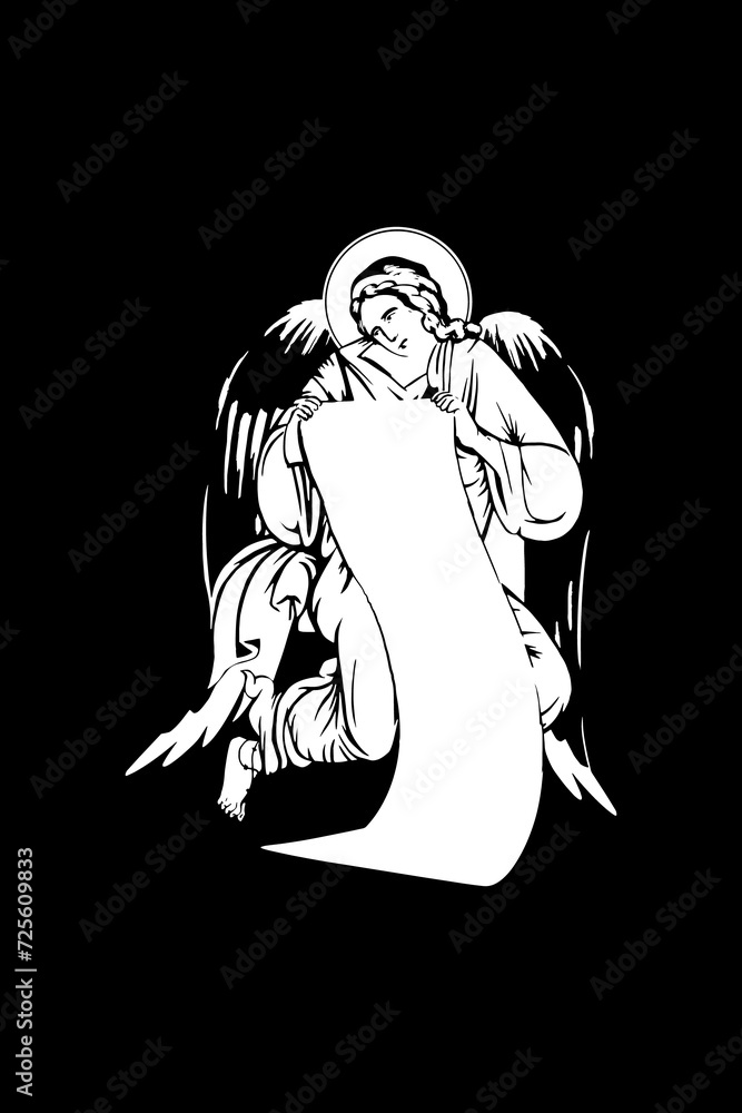 Traditional orthodox image of Angel. Christian Easter illustration black and white in Byzantine style