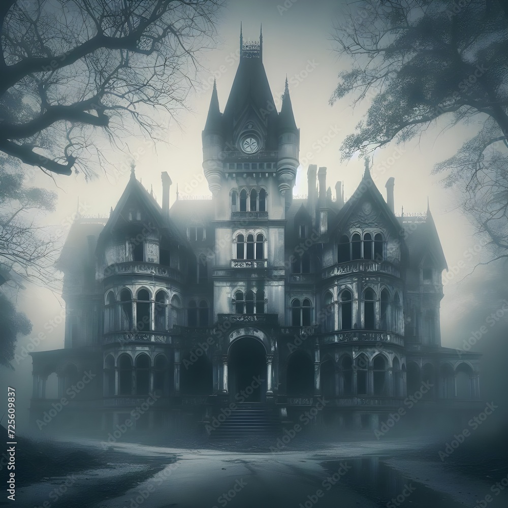 A haunted castle in a foggy light resembling horror movies and abandonment 