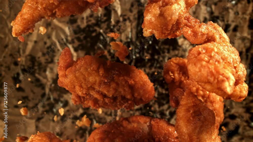 Chicken nuggets fly up and fall down. Filmed on a high-speed camera at 1000 fps. High quality FullHD footage Chicken nuggets fly up and fall down. Filmed on a high-speed camera at 1000 fps. High quality FullHD footage