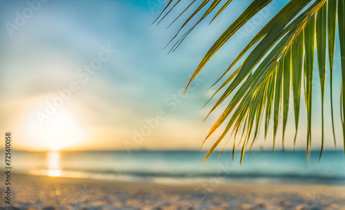 Serene summer beach scene with palm leaves, sand, and sea