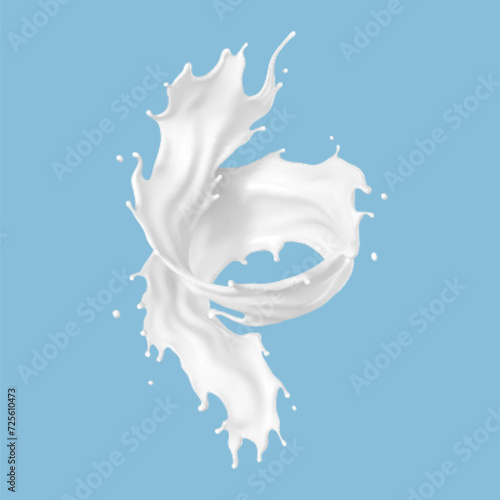 Twisted milk splash isolated on blue background. Natural dairy product, yogurt or cream splash with flying drops. Realistic Vector illustration