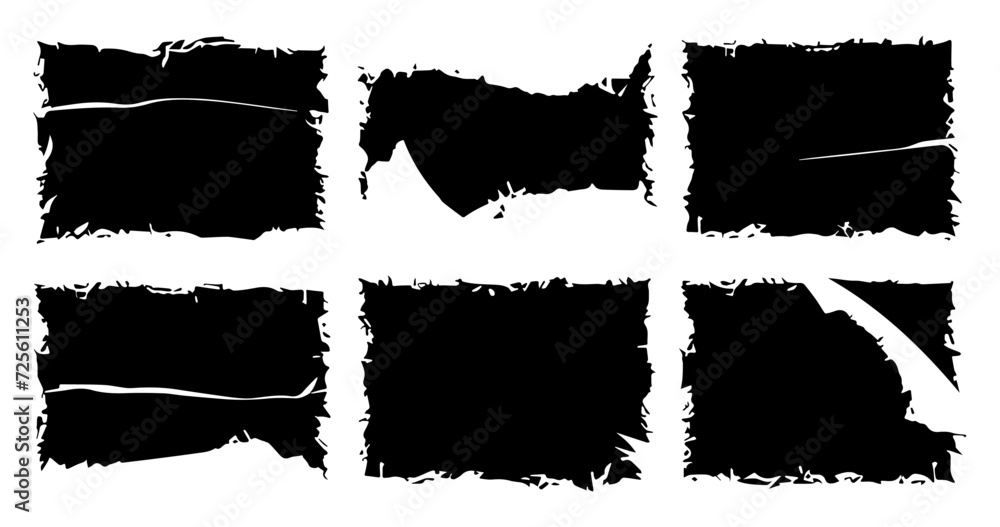 Frayed scraps of paper vector illustration set. Grunge jagged rectangles silhouettes.