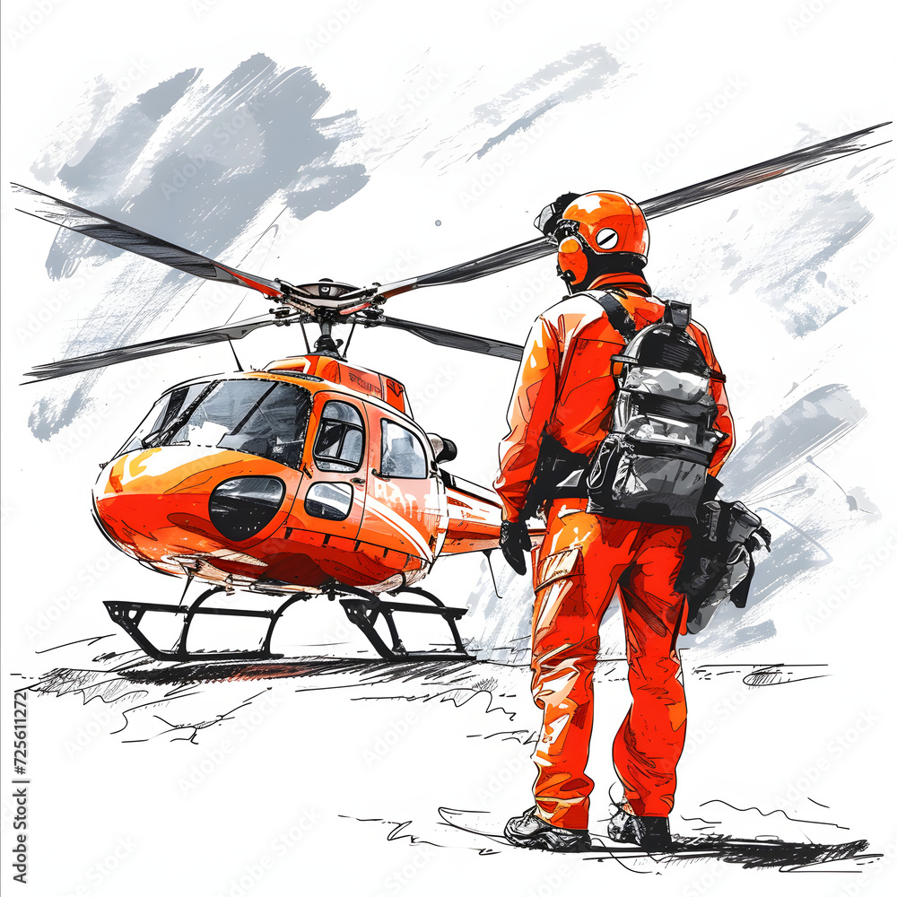 Air rescue service preparing for a critical mission isolated on white background, doodle style, png
