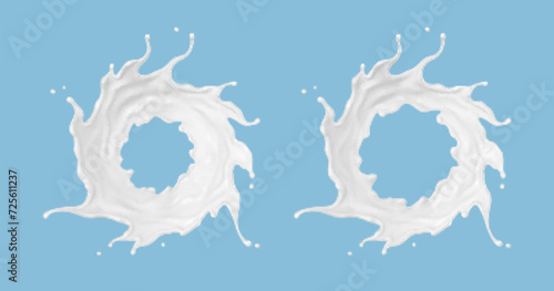 Milk circle splashes isolated on blue background. Natural dairy product, yogurt or cream splash with flying drops. Realistic Vector illustration