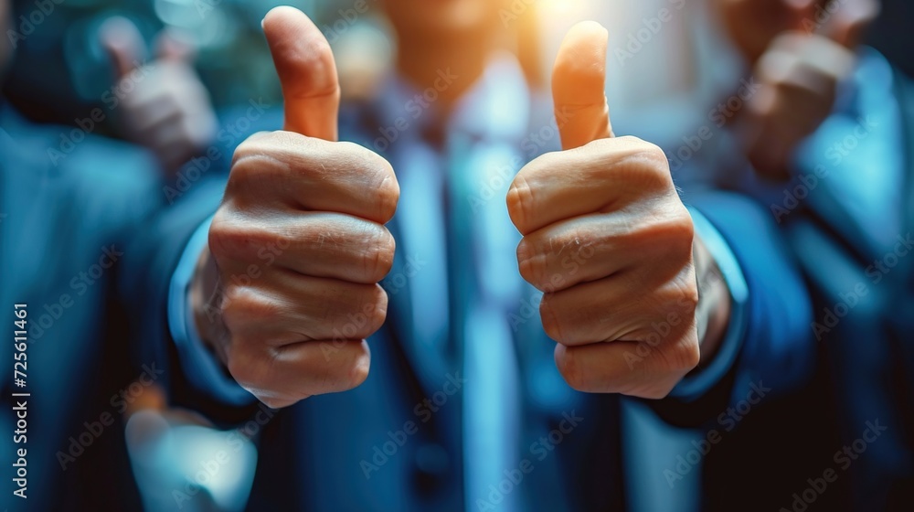 Close-up thumbs up and hands of business people on blurred background. - obrazy, fototapety, plakaty 