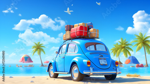 Blue car with luggage ready for summer holidays 3D Rendering, Blue car with luggage and beach accessories on blue background, Auto vacanze con valigie e bagagli, mare, Generative AI photo
