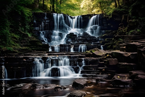 Panoramic view of a small waterfall in the woods. Long exposure.