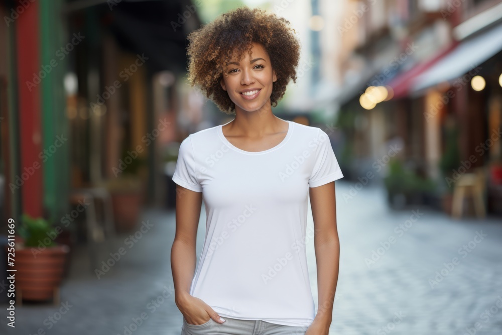 A stylish woman in a white crew-neck tee, exuding confidence amidst the city's hustle and bustle A stylish woman in a white crew-neck tee, exuding confidence amidst the city's hustle and bustle