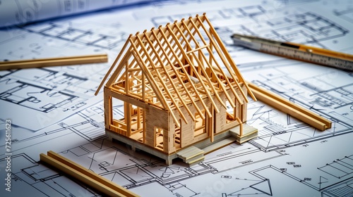 Wooden frame house model under construction on blueprints   building project concept photo