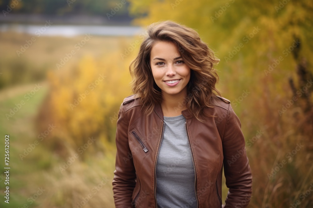 Fashionable woman in a brown leather bomber jacket taking a leisurely stroll on a rural path surrounded by autumn leaves