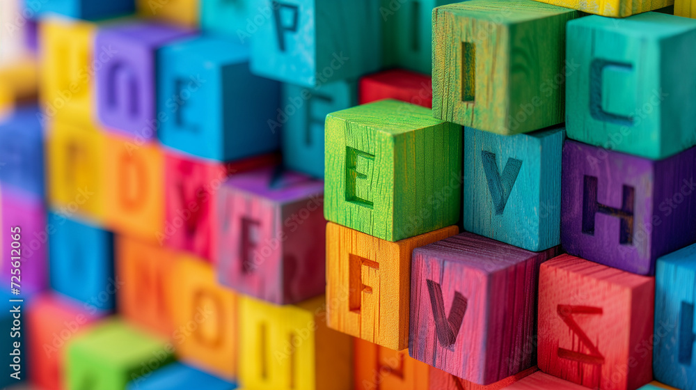 Colourful Rainbow Cube Blocks with Letters, Symbols, Macro Close-up Abstract Background. Wooden Stacking Toy, Alphabet Learning Game, Kindergarten Class, School Studies. Fun Play, Happy Childhood Colourful Rainbow Cube Blocks with Letters, Symbols, Macro Close-up Abstract Background. Wooden Stacking Toy, Alphabet Learning Game, Kindergarten Class, School Studies. Fun Play, Happy Childhood