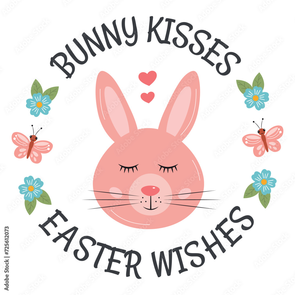 Fototapeta premium Bunny kisses Easter wishes. Cute Happy Easter cards, round sticker with cute pink bunny in love. Cute funny round sticker, gift tag for gift packaging, kids, friends, family. Easter holiday label.