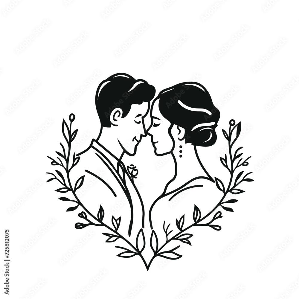 vector one line art bride and groom wedding couple isolated background