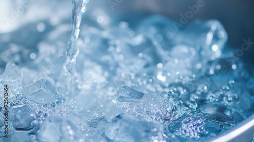A close view of refreshing ice bubbles in a cool blue water background, ice bath