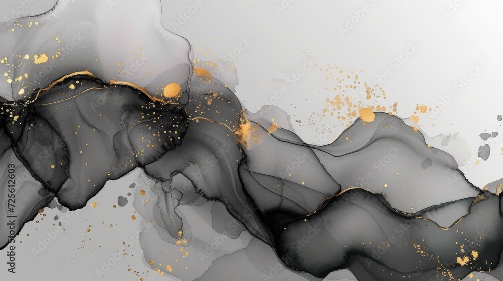 Black and gold abstract fluid ink art pattern background.