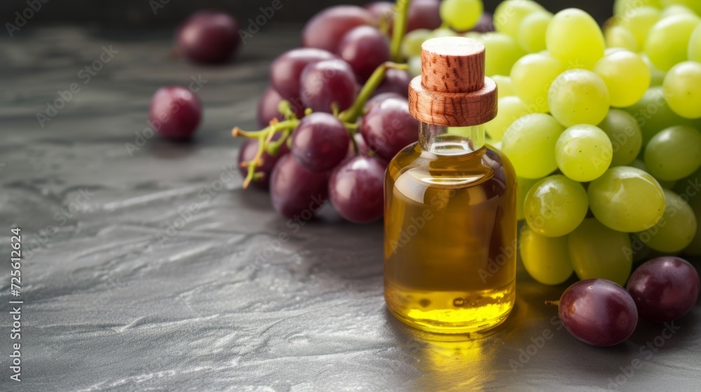 A bottle of grape oil with fresh grapes on a dark surface, healthy food A bottle of grape oil with fresh grapes on a dark surface, healthy food
