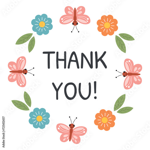 Thank you round stickers with flower, floral frame. Thank you label, appreciation tag card, stamp. Printable small business packaging round sticker with lettering, floral, botanical frame.
