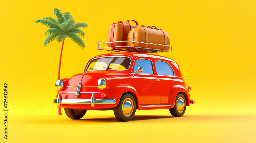 red car with luggage ready for summer holidays 3D Rendering, Blue car with luggage and beach accessories on blue background, Auto vacanze con valigie e bagagli, mare, Generative AI