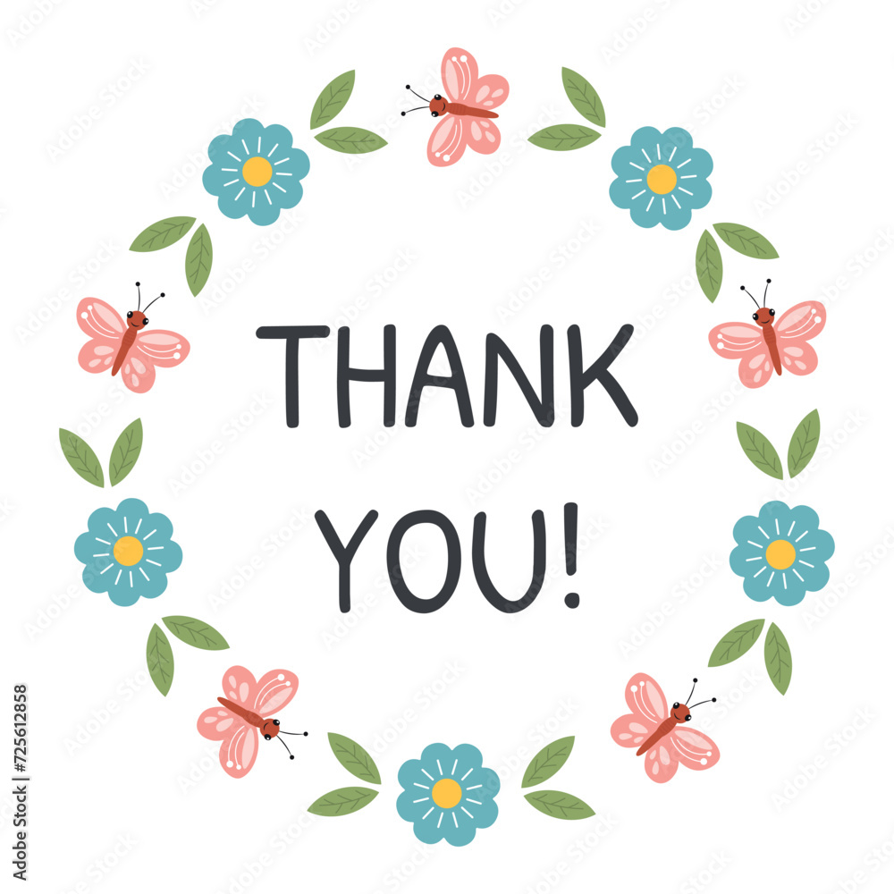 Thank you round stickers with flower, floral frame. Thank you label, appreciation tag card, stamp. Printable small business packaging round sticker with lettering, floral, botanical frame.