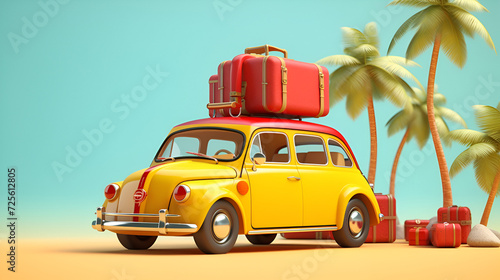 yellow car with luggage ready for summer holidays 3D Rendering, Blue car with luggage and beach accessories on blue background, Auto vacanze con valigie e bagagli, mare, Generative AI