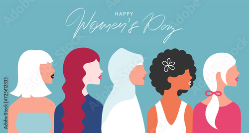 International Womens Day greeting banner. Women different nationalities on pink background. Girl power, struggle for equality, feminism, sisterhood concept. Vector.