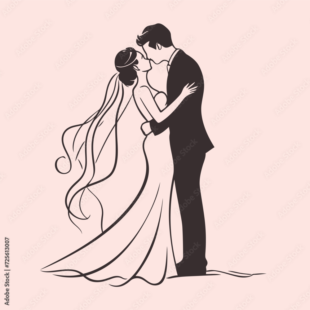 Fototapeta premium vector one line art bride and groom wedding couple isolated background