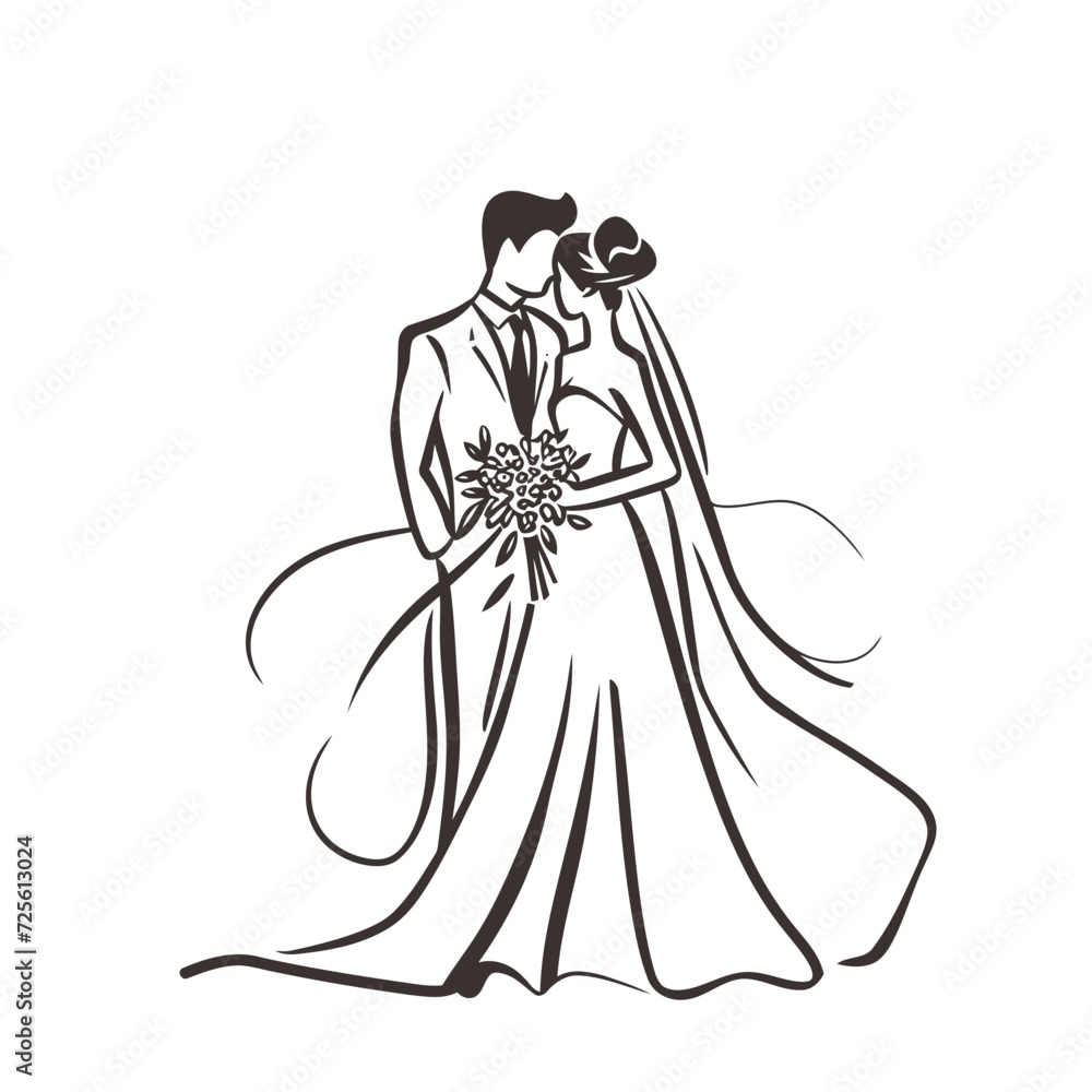 vector one line art bride and groom wedding couple isolated background vector one line art bride and groom wedding couple isolated background